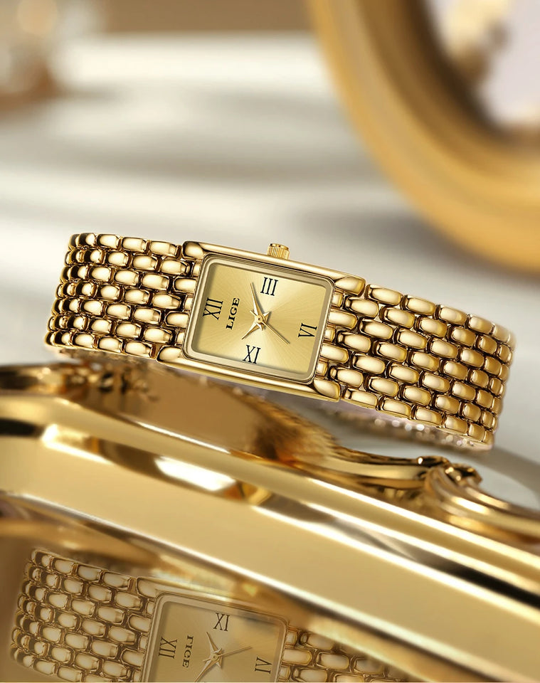 LIGE 2025 New Gold Women's Watch Luxury Quartz Watch Stainless Steel Bracelet Retro Fashion 30M Waterproof Watch for Women reloj