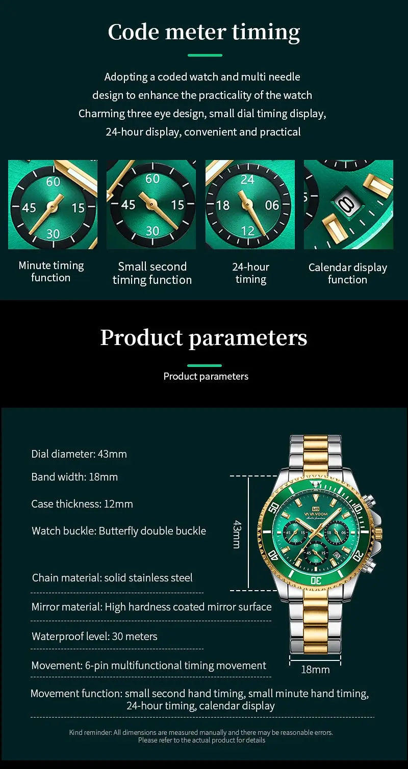 VA VA VOOM Brand Top Men Watch 1Pc Multifunctional Fashionable Timing Dial Green Gold Stainless Steel 3Bar Timing Watch for Men Gola Watches