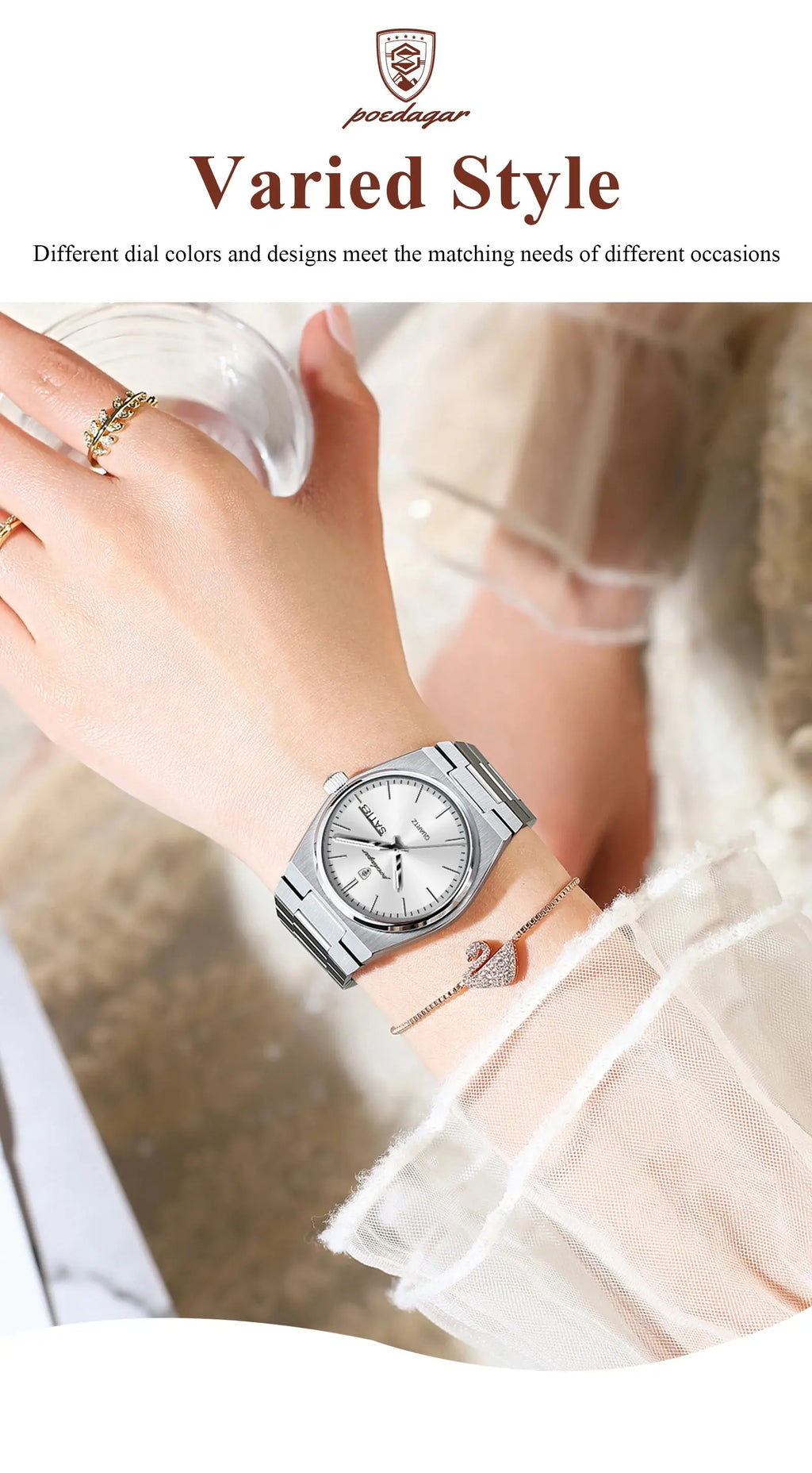 POEDAGAR Original New Woman Watch Stainless Steel Waterproof Luminous Ladies Wristwatch Date Week Elegant Quartz Women's Watches Gola Watches