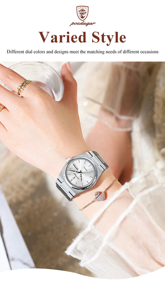 POEDAGAR Original New Woman Watch Stainless Steel Waterproof Luminous Ladies Wristwatch Date Week Elegant Quartz Women's Watches