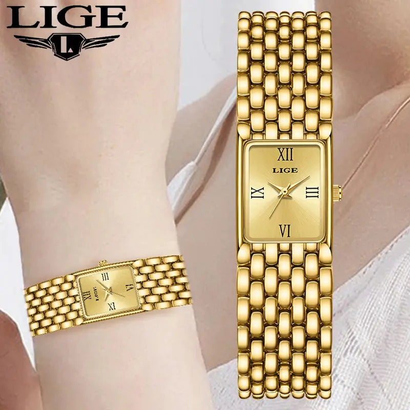 LIGE 2025 New Gold Women's Watch Luxury Quartz Watch Stainless Steel Bracelet Retro Fashion 30M Waterproof Watch for Women reloj Gola Watches
