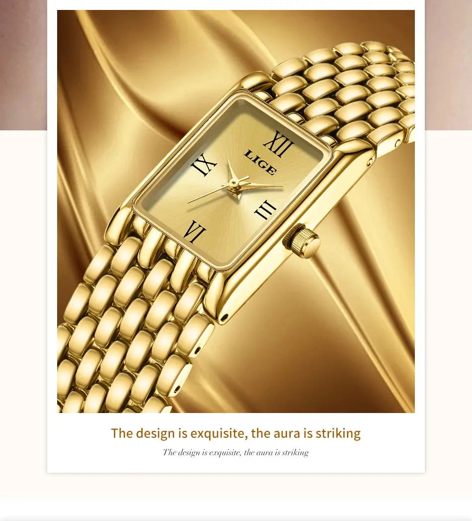 LIGE 2025 New Gold Women's Watch Luxury Quartz Watch Stainless Steel Bracelet Retro Fashion 30M Waterproof Watch for Women reloj Gola Watches