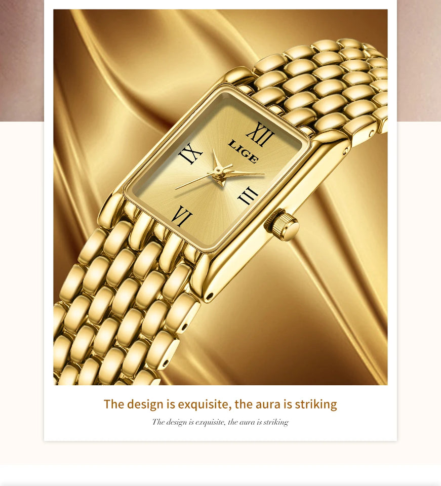 LIGE 2025 New Gold Women's Watch Luxury Quartz Watch Stainless Steel Bracelet Retro Fashion 30M Waterproof Watch for Women reloj