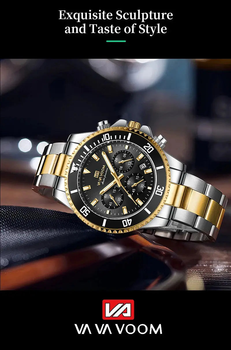 VA VA VOOM Brand Top Men Watch 1Pc Multifunctional Fashionable Timing Dial Green Gold Stainless Steel 3Bar Timing Watch for Men Gola Watches