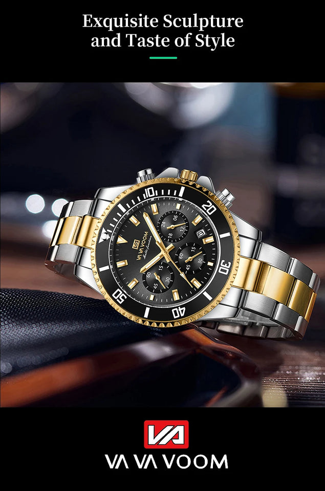 VA VA VOOM Brand Top Men Watch 1Pc Multifunctional Fashionable Timing Dial Green Gold Stainless Steel 3Bar Timing Watch for Men