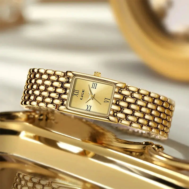 LIGE 2025 New Gold Women's Watch Luxury Quartz Watch Stainless Steel Bracelet Retro Fashion 30M Waterproof Watch for Women reloj Gola Watches