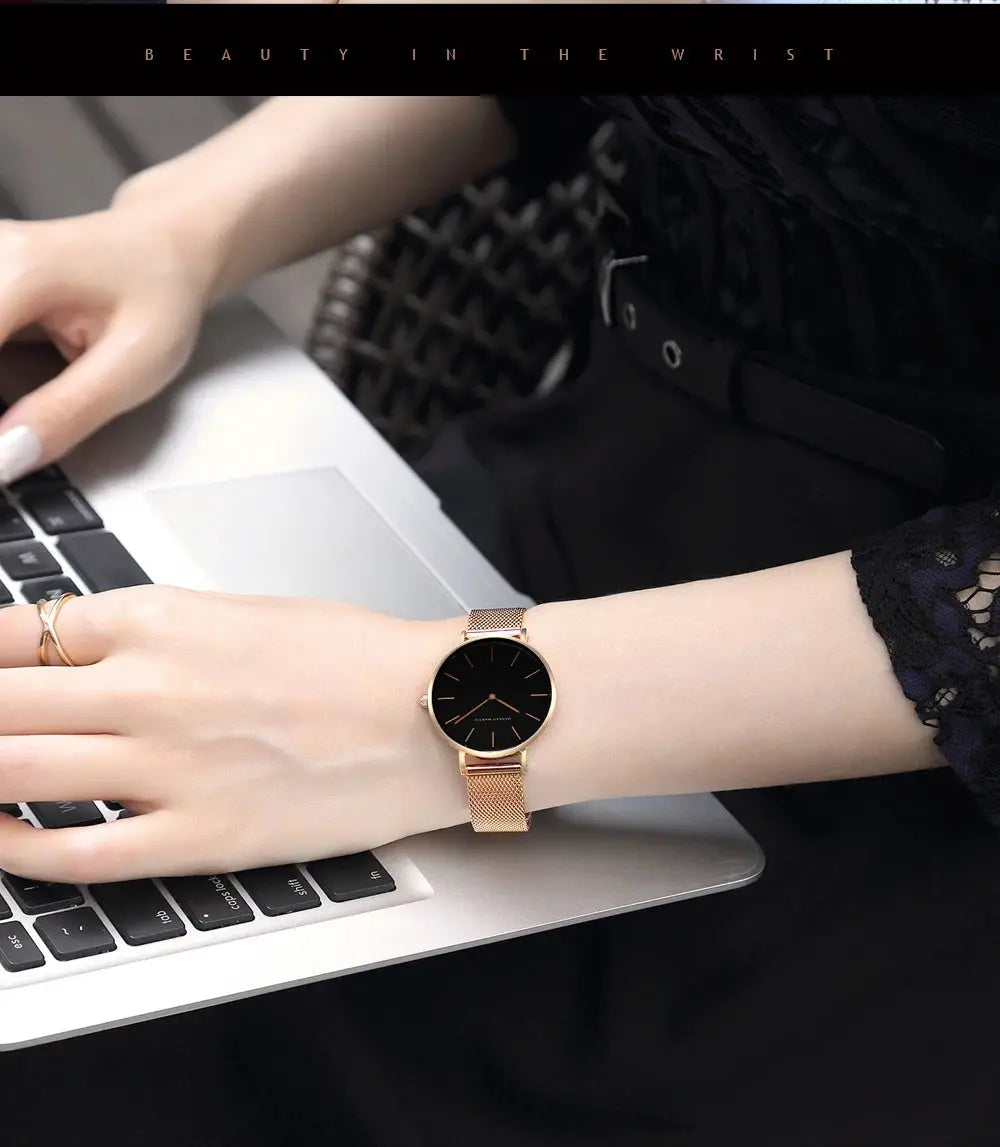 2023 New Women Bracelet Watch 1 Set Japan Quartz Movement Simple Rose Gold Stainless Steel Mesh Student Watches Relogio Feminino Gola Watches