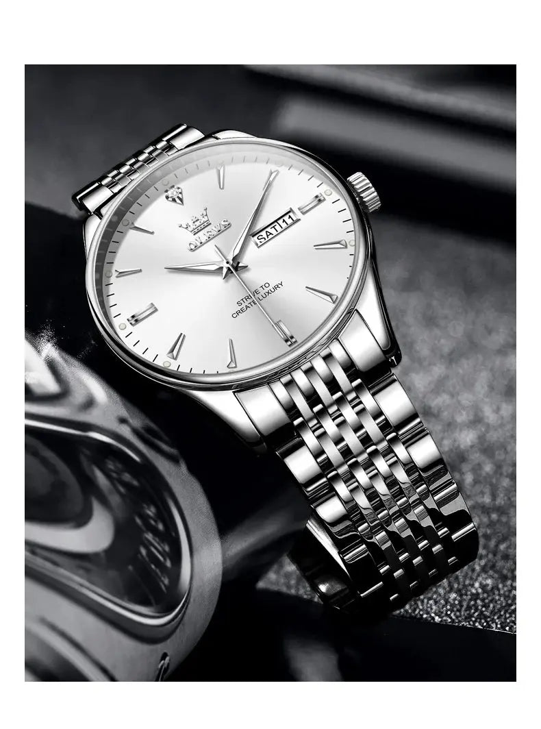 OLEVS 2929 Men Quartz Watch Original Waterproof Business Man Wristwatch Steel Strap Dual Calendar Luminous Fashion Watch For Men Gola Watches