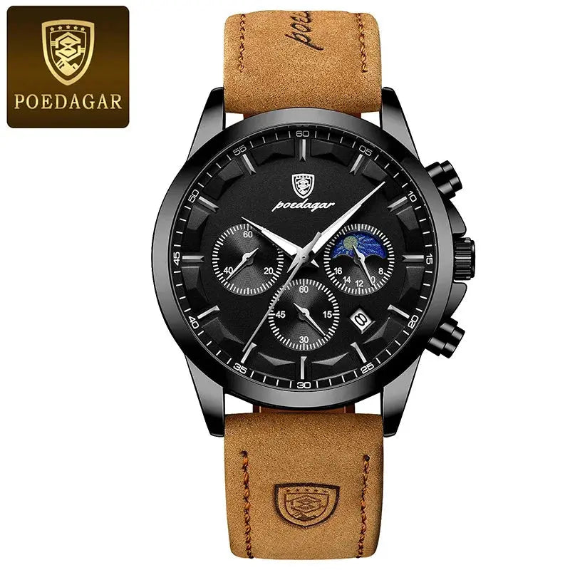 POEDAGAR Genuine Leather Men's Watch Fashion Luminous Calendar Stopwatch Male Clock Waterproof Moon Phase Quartz Wristwatch Man Gola Watches