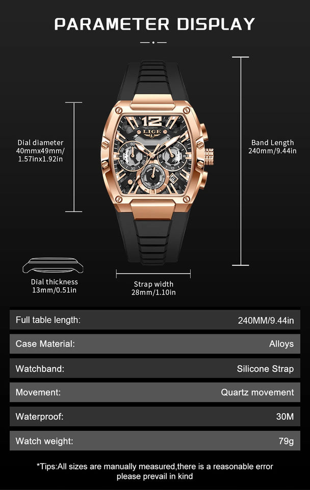 LIGE Sports Man Watch Tonnea Hollow Design Quartz Men Wristwatches Chronograph Waterproof Luminous Silicone Strap Watches Male