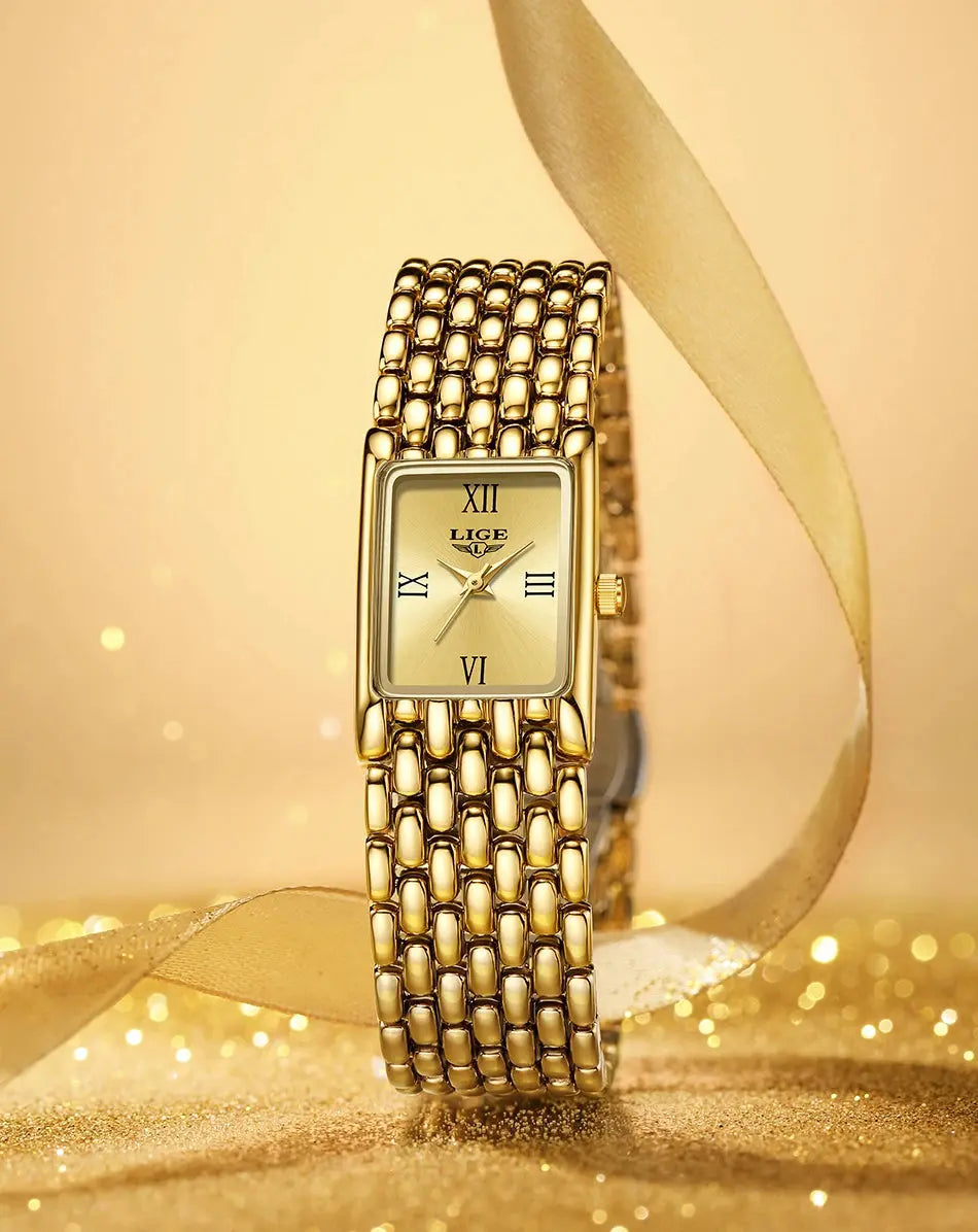 LIGE 2025 New Gold Women's Watch Luxury Quartz Watch Stainless Steel Bracelet Retro Fashion 30M Waterproof Watch for Women reloj Gola Watches