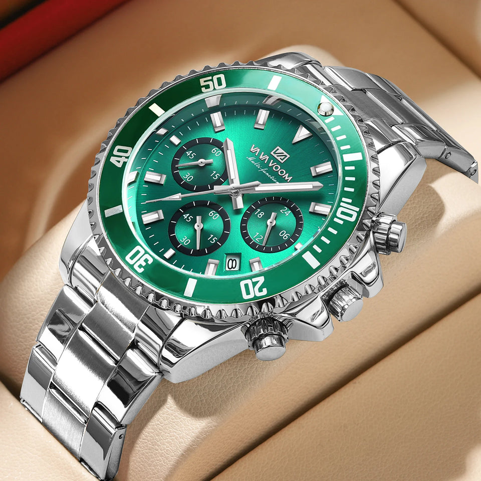 VA VA VOOM Brand Top Men Watch 1Pc Multifunctional Fashionable Timing Dial Green Gold Stainless Steel 3Bar Timing Watch for Men