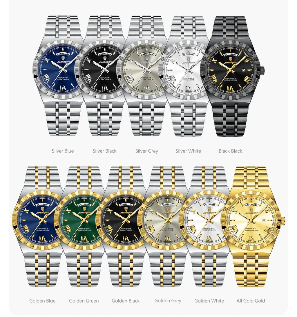 POEDAGAR Luxury Fashion Man Wristwatch Week Date Waterproof Luminous Men's Clock Stainless Steel Quartz Business Watches For Men Gola Watches