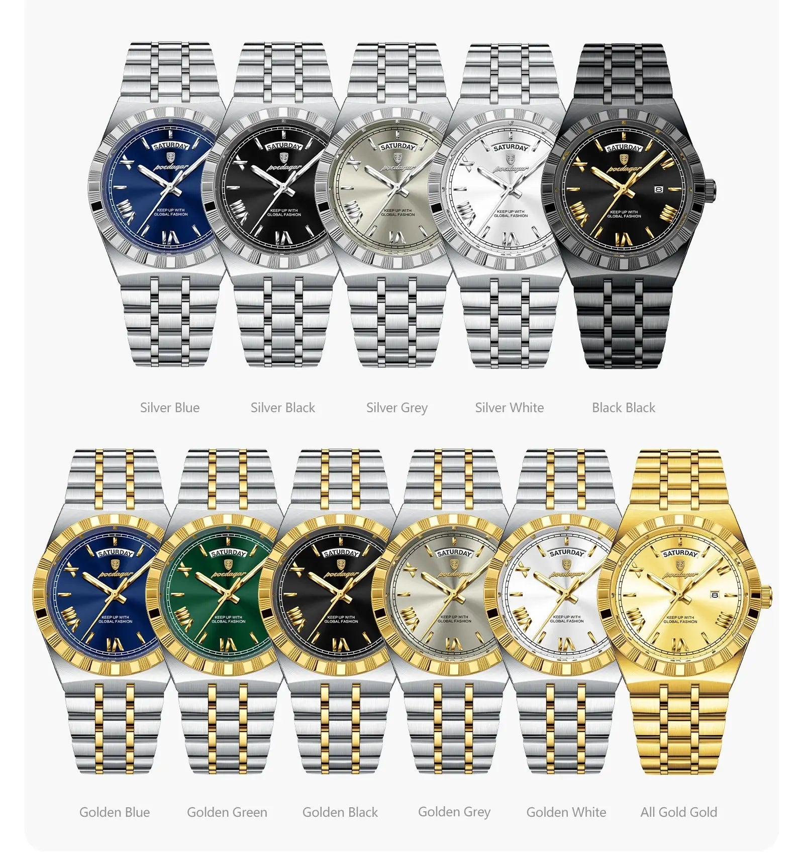 POEDAGAR Luxury Fashion Man Wristwatch Week Date Waterproof Luminous Men's Clock Stainless Steel Quartz Business Watches For Men Gola Watches