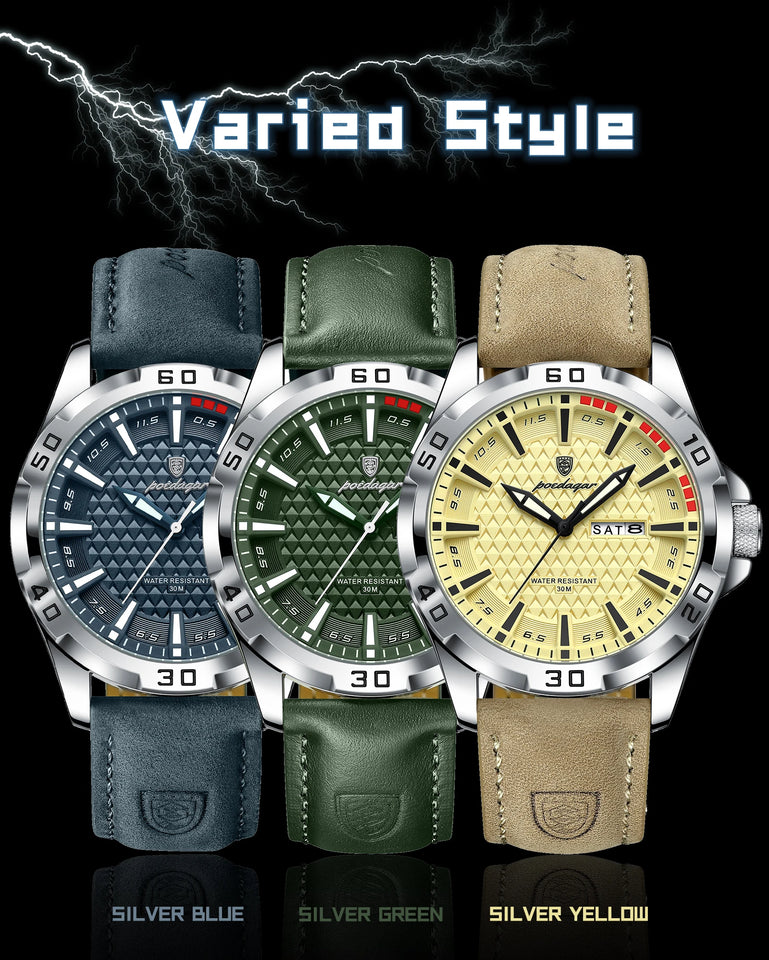 POEDAGAR Original Man Wristwatch Top Luxury Waterproof Luminous Date Week Watch For Men Quartz Sport Leather Men's Watches Reloj