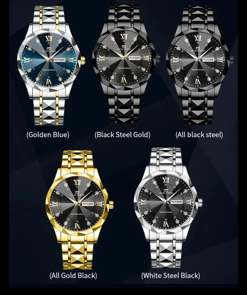 Men Watch Water Diamond Luxury Night Glow Double Calendar Quartz Movement 41mm Blue Gold Stainless Steel Fashion Business Watch Gola Watches