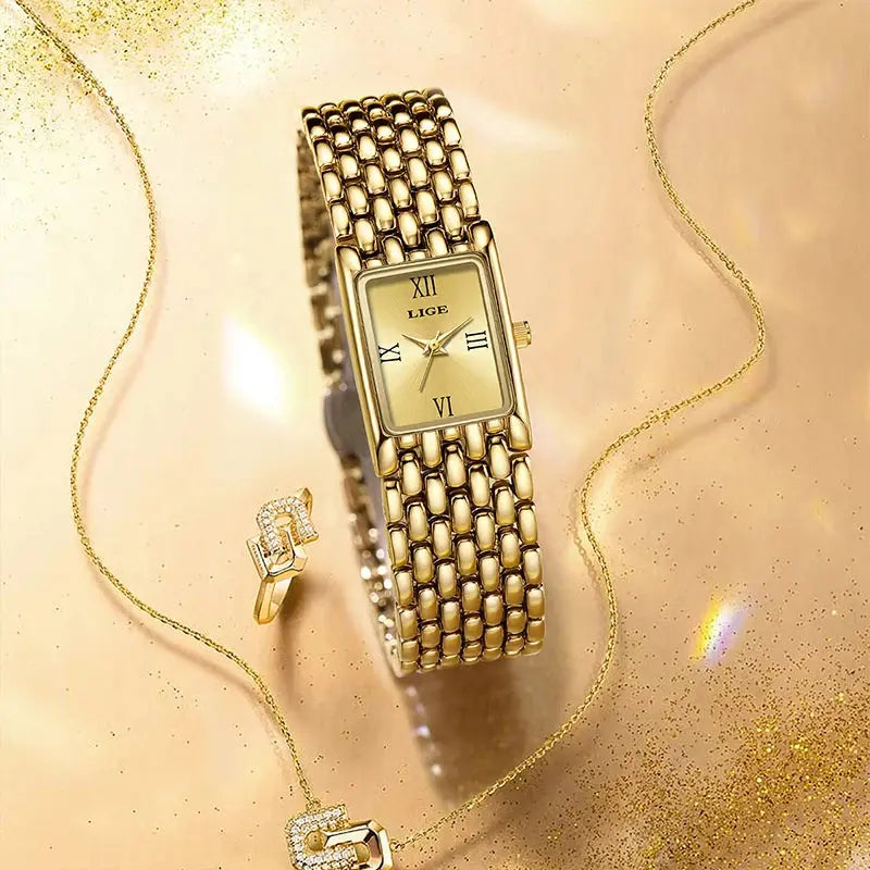 LIGE 2025 New Gold Women's Watch Luxury Quartz Watch Stainless Steel Bracelet Retro Fashion 30M Waterproof Watch for Women reloj Gola Watches