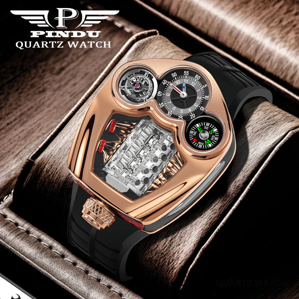 NEW PINDU Design Engine Series Quartz Watch Men Stainless steel Compass Waterproof TOP-luxurious Swiss quartz 762 movement watch