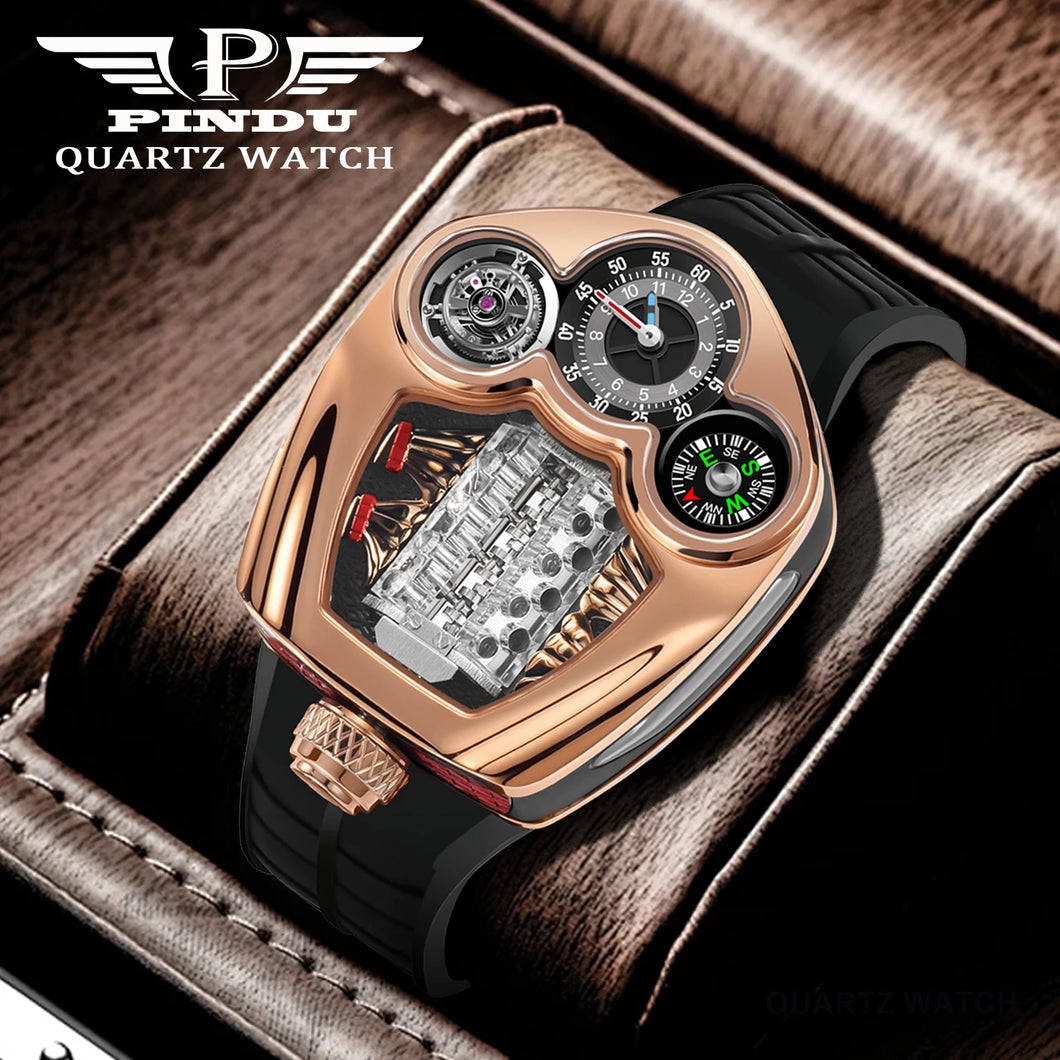 NEW PINDU Design Engine Series Quartz Watch Men Stainless steel Compass Waterproof TOP-luxurious Swiss quartz 762 movement watch