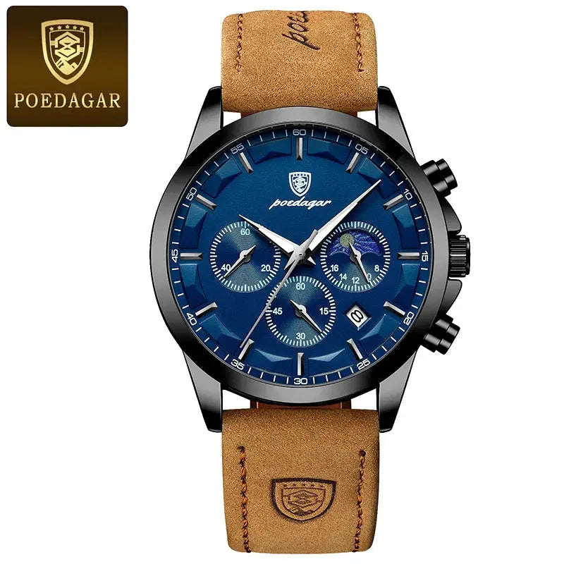 POEDAGAR Genuine Leather Men's Watch Fashion Luminous Calendar Stopwatch Male Clock Waterproof Moon Phase Quartz Wristwatch Man Gola Watches