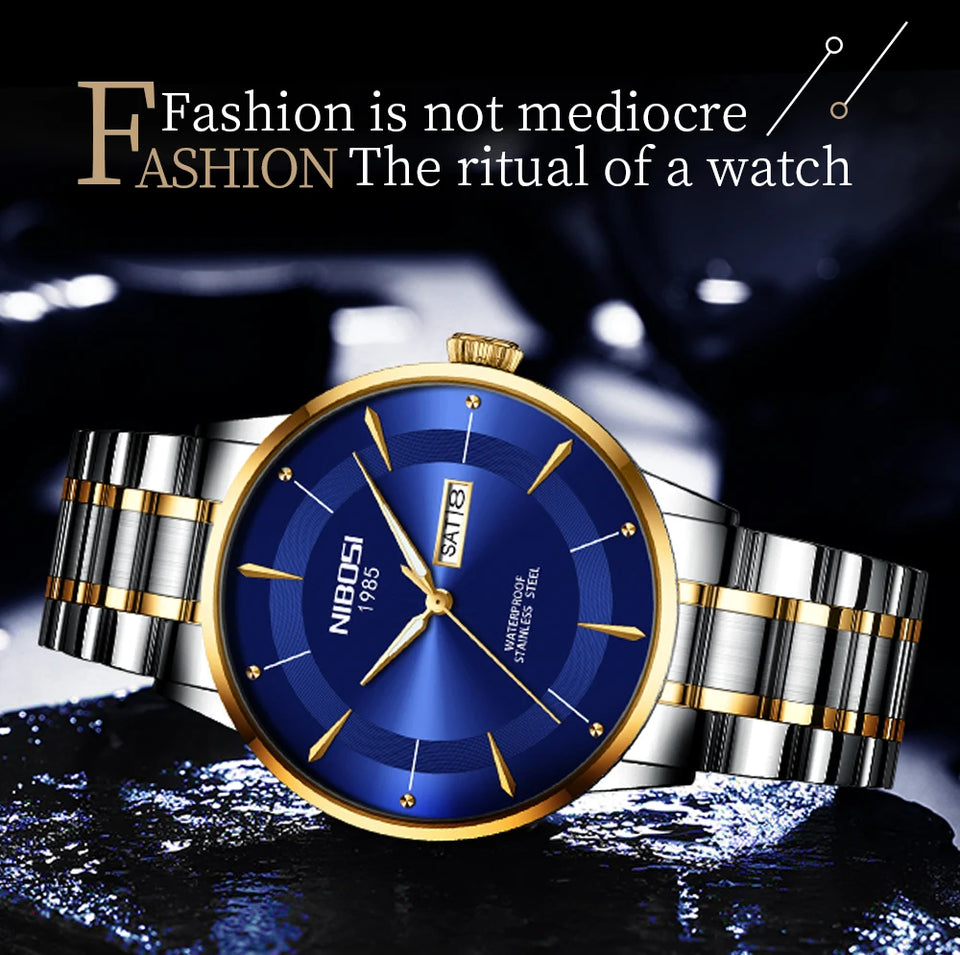 2025 New Men Watch Stainless Steel Business Style Luxury Rhinestone 43mm Blue Gold Quartz Movement Wristwatch Relogios Masculino
