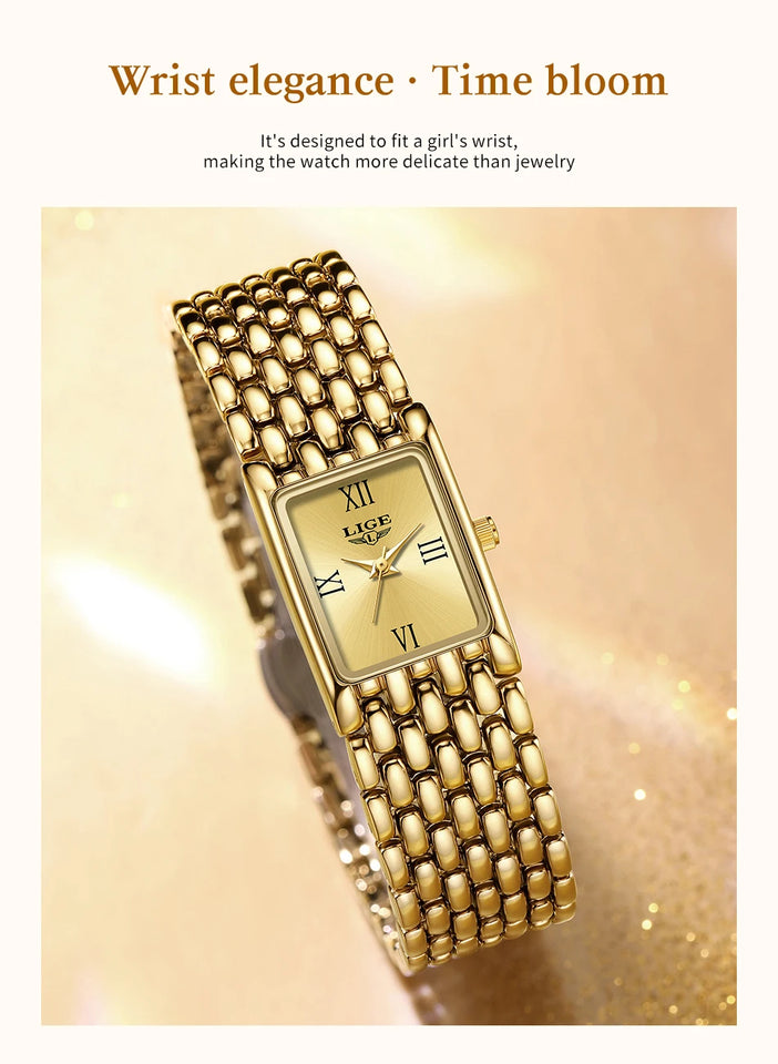 LIGE 2025 New Gold Women's Watch Luxury Quartz Watch Stainless Steel Bracelet Retro Fashion 30M Waterproof Watch for Women reloj