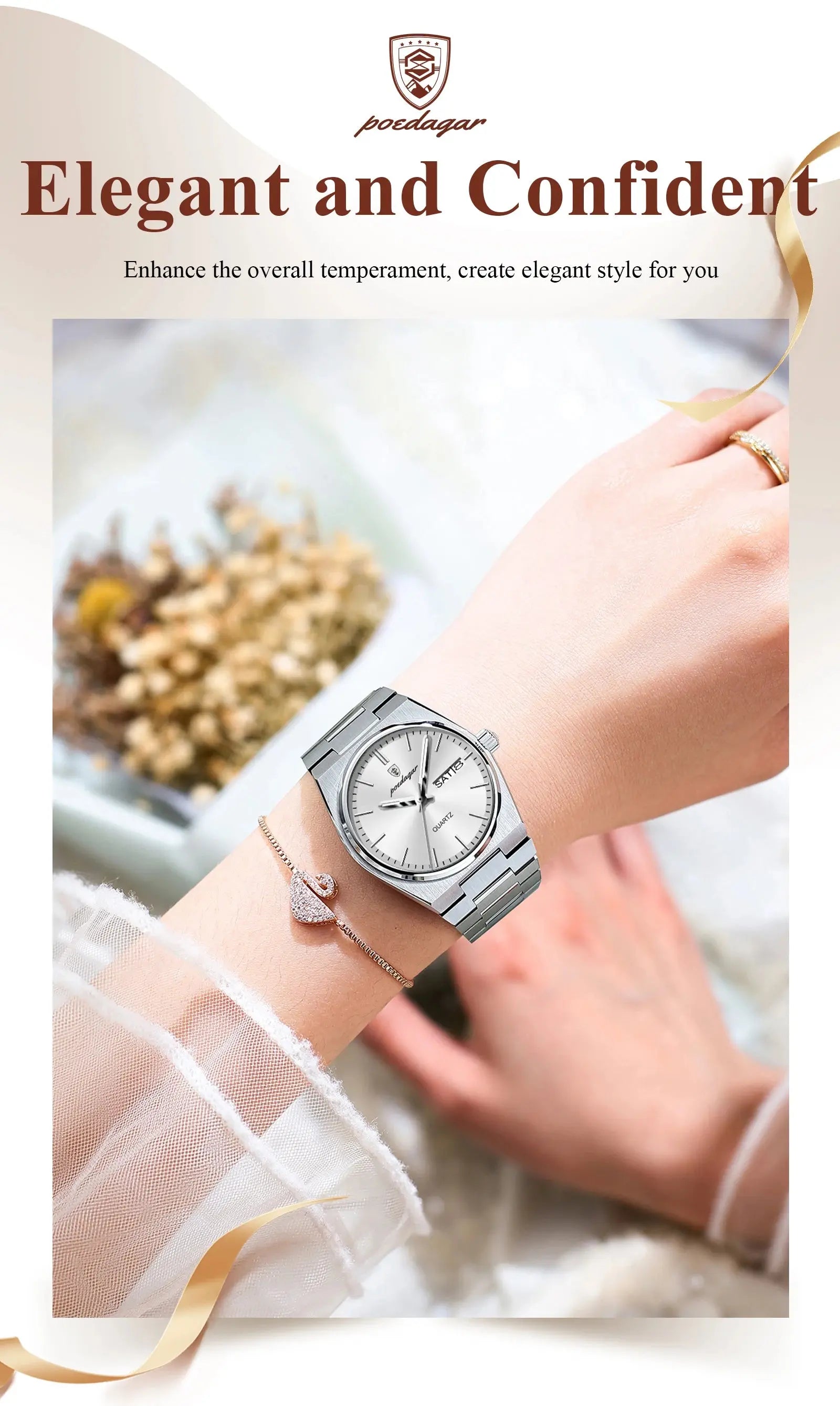 POEDAGAR Original New Woman Watch Stainless Steel Waterproof Luminous Ladies Wristwatch Date Week Elegant Quartz Women's Watches Gola Watches