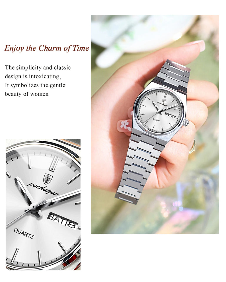 POEDAGAR Original New Woman Watch Stainless Steel Waterproof Luminous Ladies Wristwatch Date Week Elegant Quartz Women's Watches
