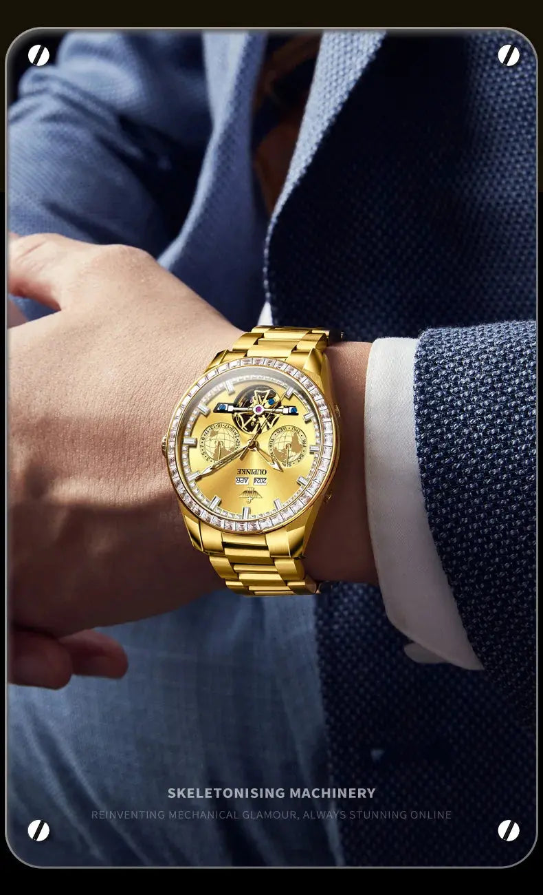 OUPINKE 3280 Men Watch Fashion Business Skeleton Diamond Gold Watch Brand Original Men All Automatic Mechanical Watch High Gift Gola Watches
