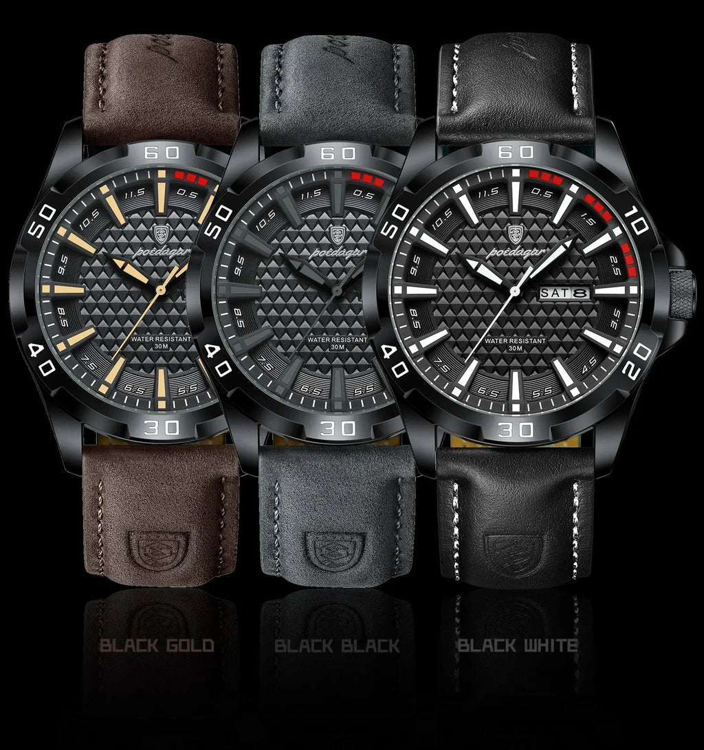 POEDAGAR Original Man Wristwatch Top Luxury Waterproof Luminous Date Week Watch For Men Quartz Sport Leather Men's Watches Reloj Gola Watches