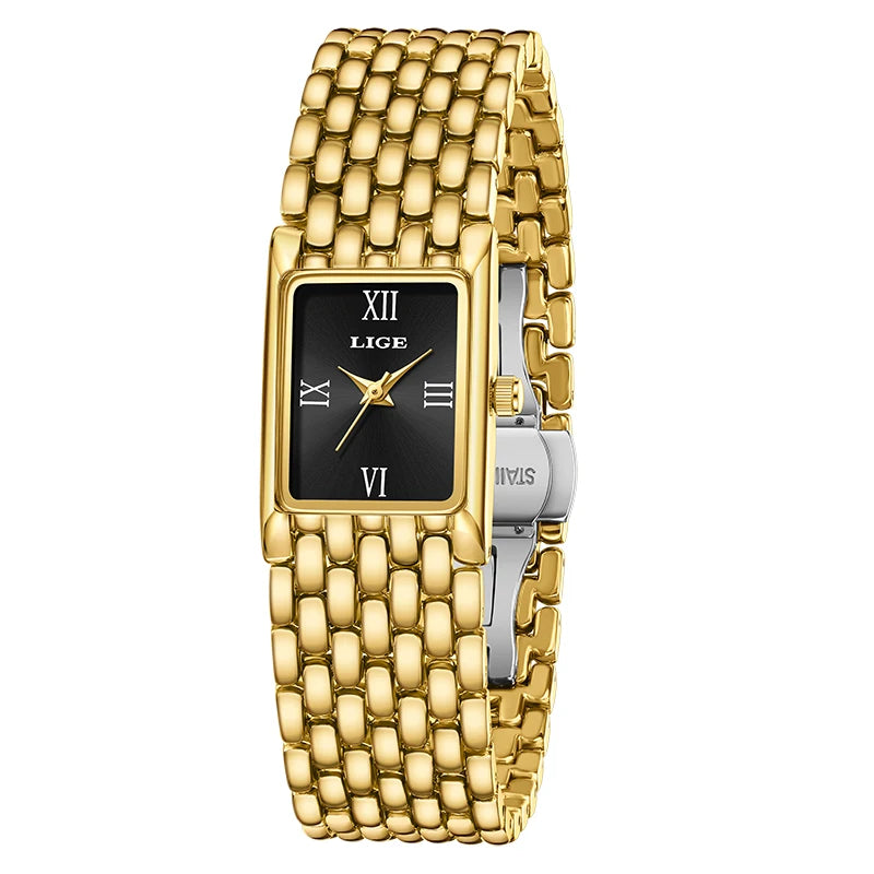 LIGE 2025 New Gold Women's Watch Luxury Quartz Watch Stainless Steel Bracelet Retro Fashion 30M Waterproof Watch for Women reloj