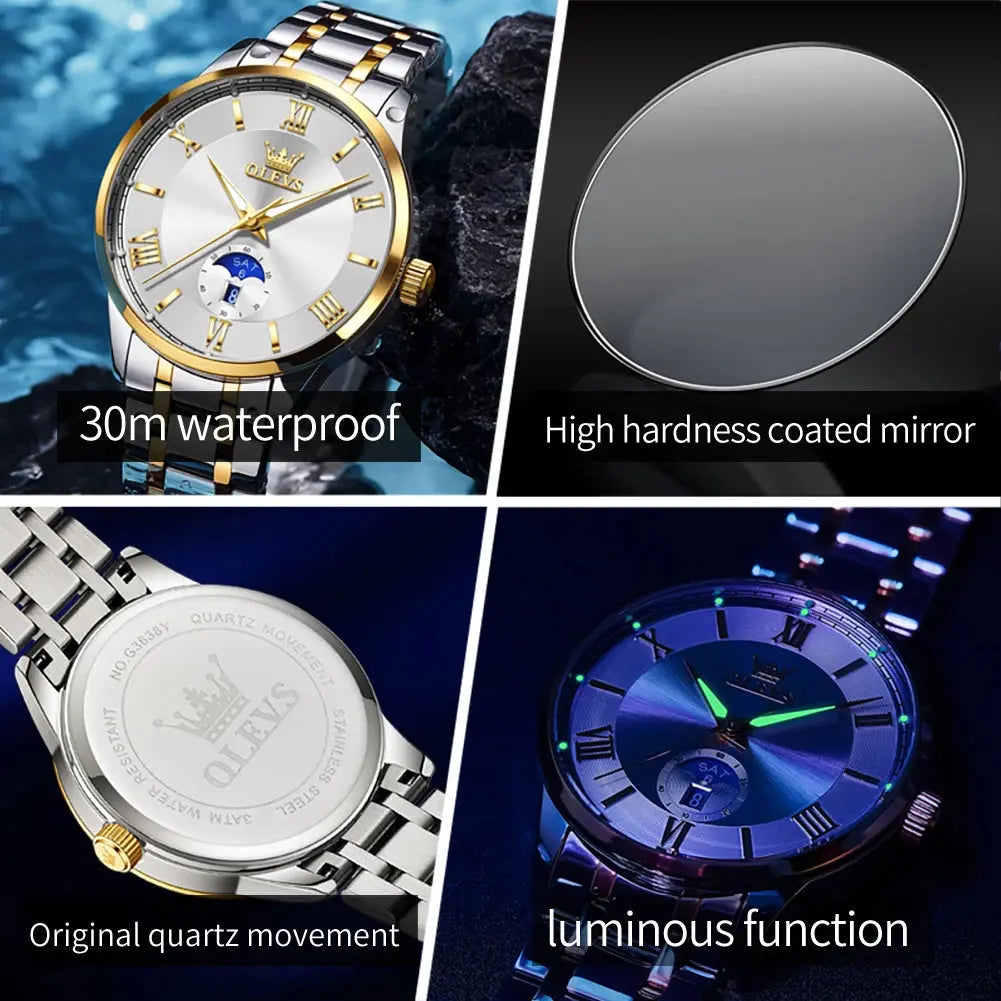 OLEVS 3638 Mens Watch Original Quartz Watch Stainless Steel Waterproof Luminous Large Dial Day Date Watches Luxury Men Box Reloj Gola Watches