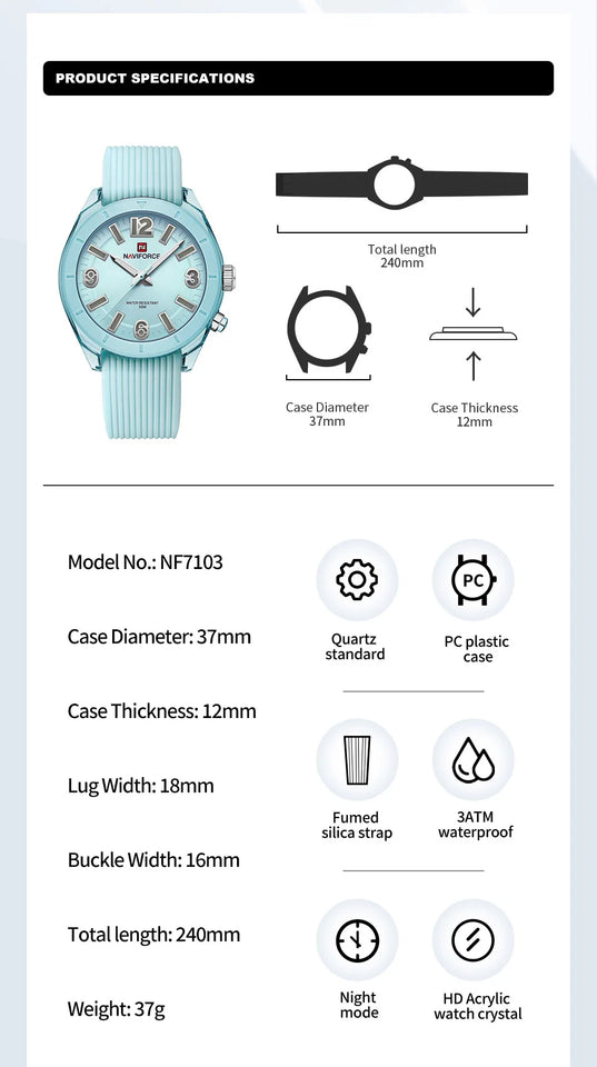 NAVIFORCE Women's Waterproof Watch Fashion Casual Luminous Display Quartz Wristwatch with Silicone Band Reloj Mujer High Quality