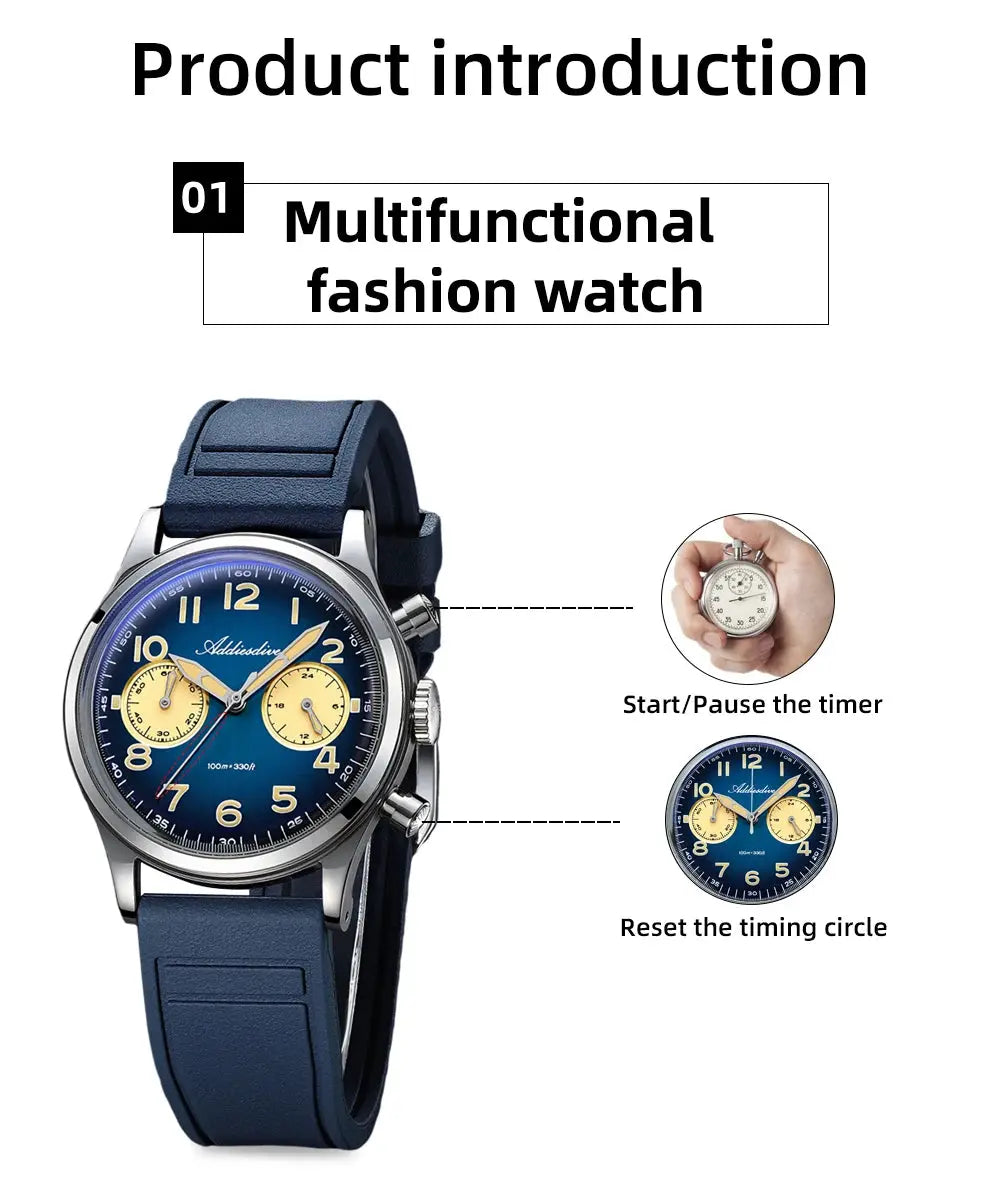 ADDIESDIVE New 2025 Chronograph 38mm Men's Watches VK64 Quartz Wristwatch Luminous Bubble Mirror 10Bar Waterproof Steel Watch Gola Watches