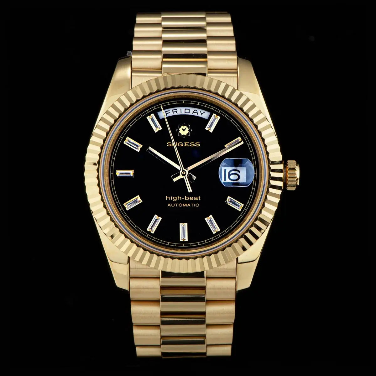2023 New Sugess Watch of Men 40mm Day Date Automatic Dandong SL3034 Movement Retro Mechanical Wristwatch Sapphire Glass Golden Gola Watches