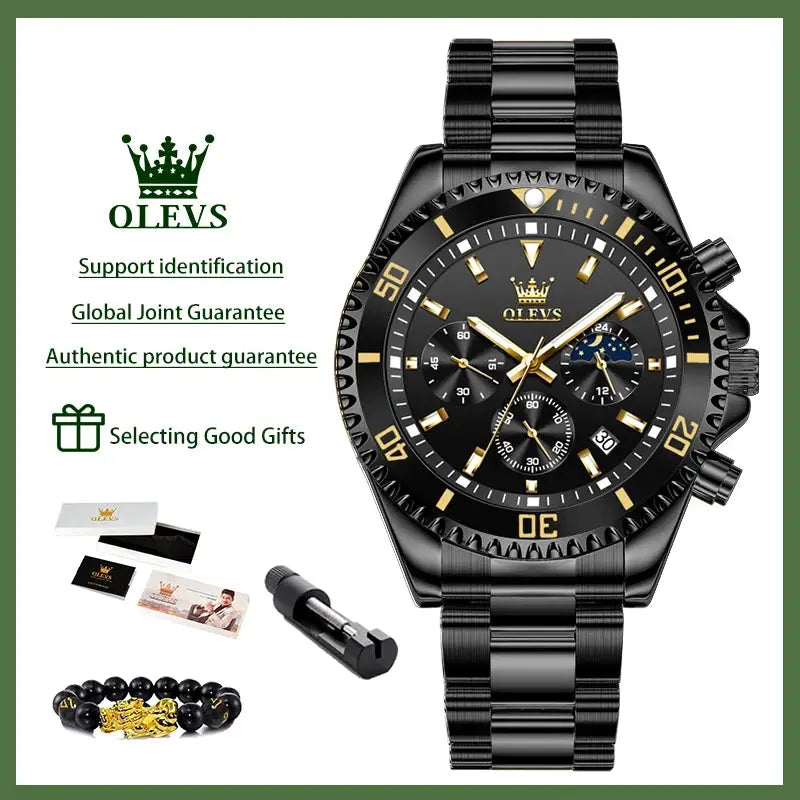 OLEVS 2870 Men's Watches Moon phase Steel Calendar Chronograph Original Quartz Watch Big Rota Dial Luxury Sports Wristwatches Gola Watches