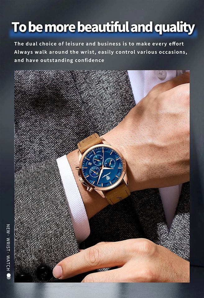 POEDAGAR Genuine Leather Men's Watch Fashion Luminous Calendar Stopwatch Male Clock Waterproof Moon Phase Quartz Wristwatch Man