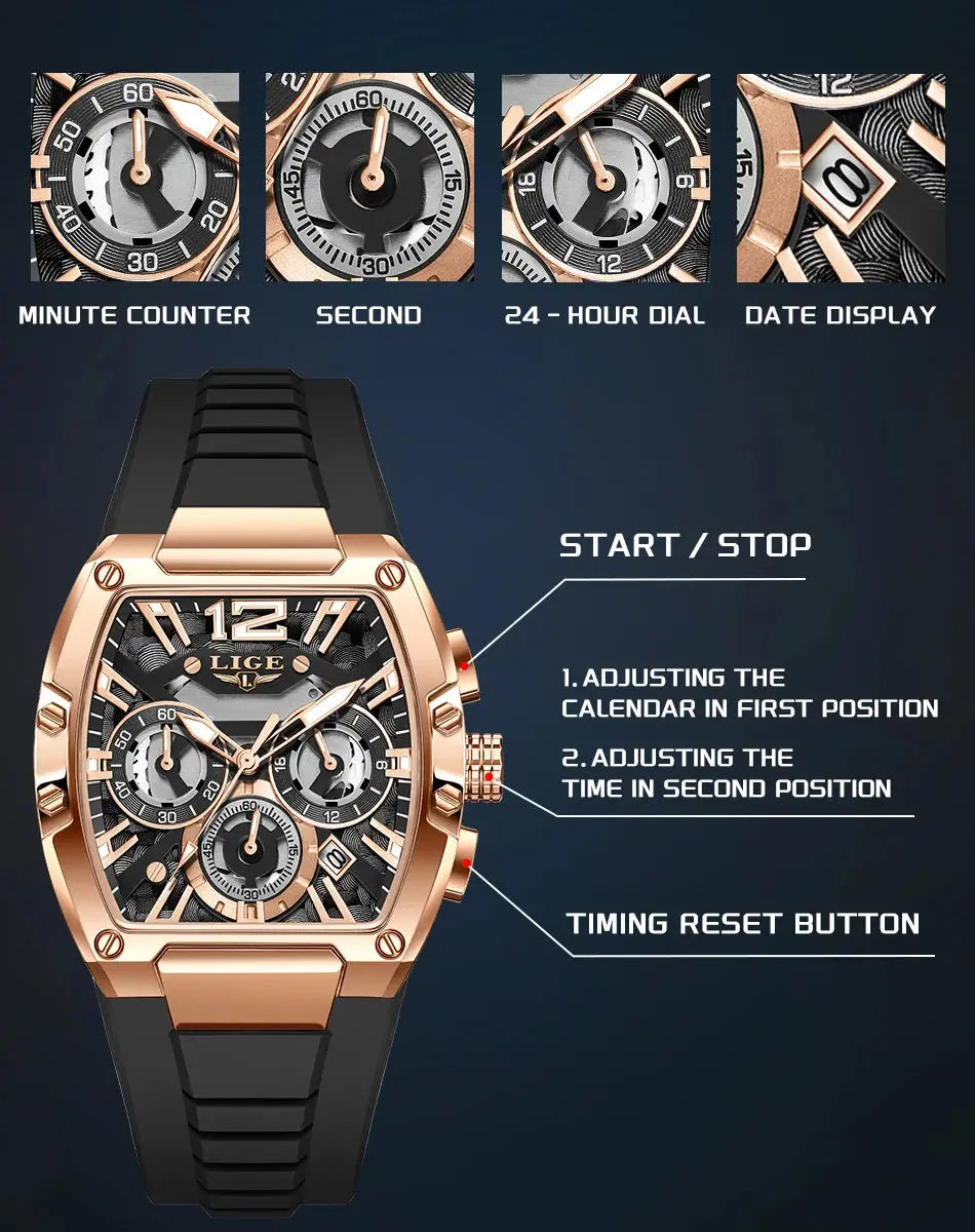 LIGE Sports Man Watch Tonnea Hollow Design Quartz Men Wristwatches Chronograph Waterproof Luminous Silicone Strap Watches Male My Store