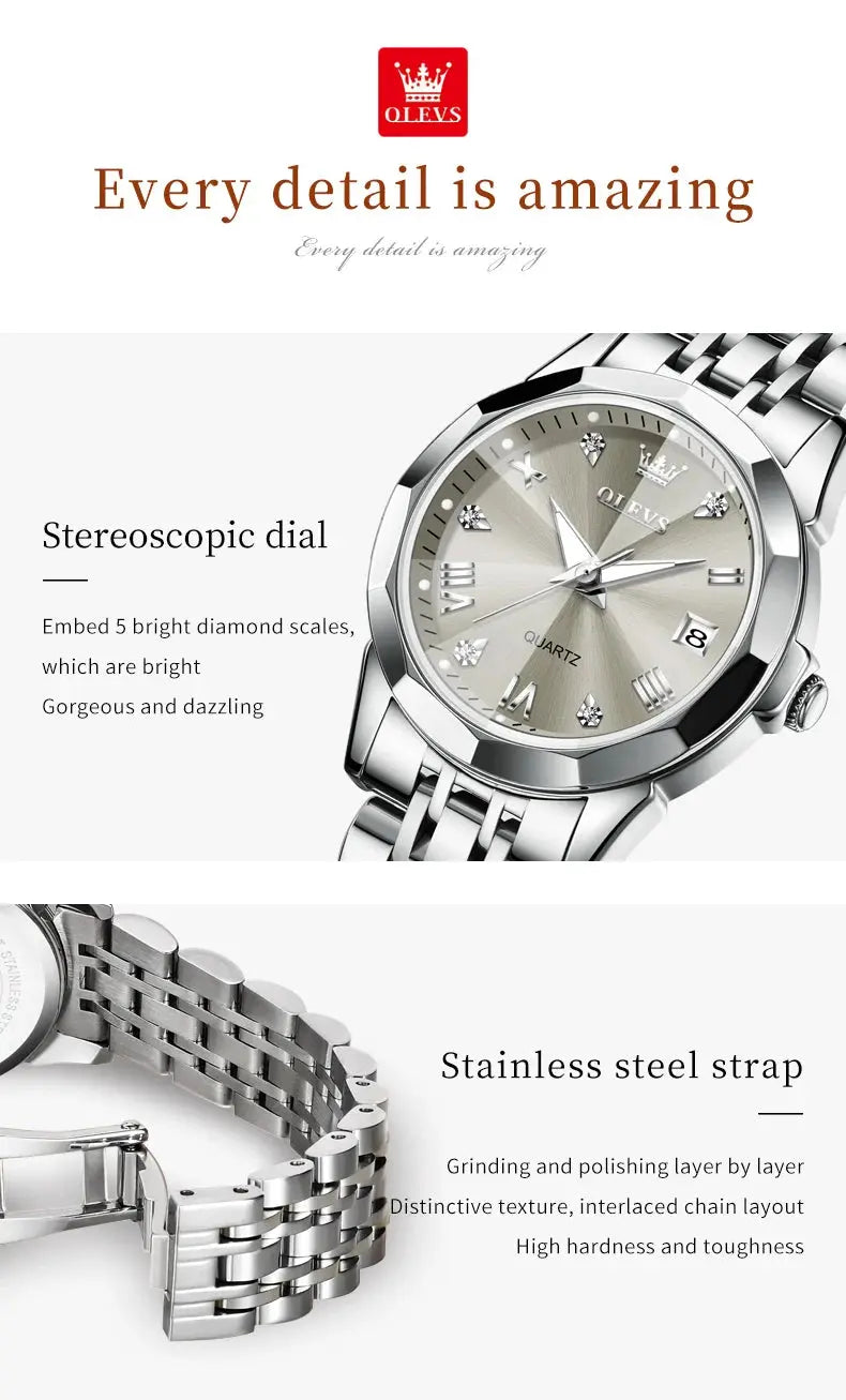 OLEVS Elegant Fashion Women's Watches Luxury Brand Original Quartz Watch for Ladies Waterproof Stainless Steel Luminous Date Gola Watches
