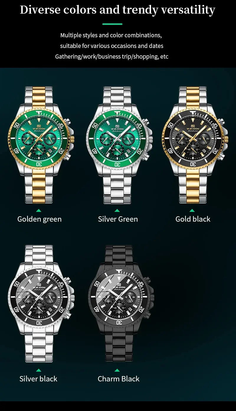 VA VA VOOM Brand Top Men Watch 1Pc Multifunctional Fashionable Timing Dial Green Gold Stainless Steel 3Bar Timing Watch for Men Gola Watches