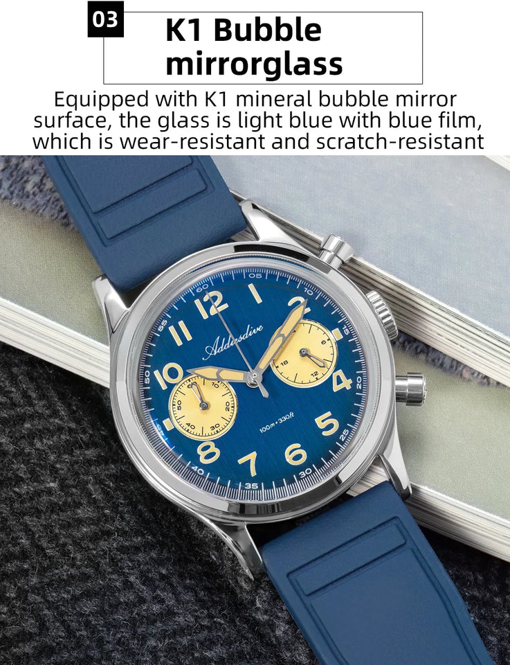 ADDIESDIVE New 2025 Chronograph 38mm Men's Watches VK64 Quartz Wristwatch Luminous Bubble Mirror 10Bar Waterproof Steel Watch