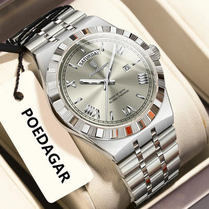 POEDAGAR Luxury Fashion Man Wristwatch Week Date Waterproof Luminous Men's Clock Stainless Steel Quartz Business Watches For Men