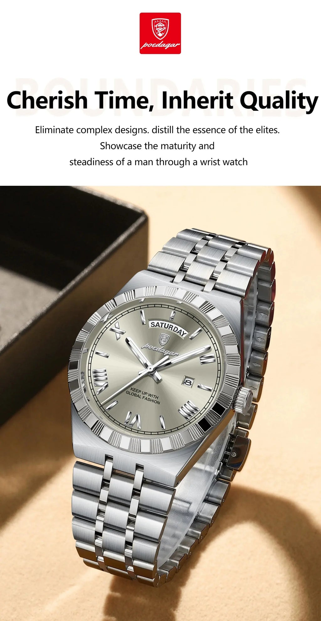 POEDAGAR Luxury Fashion Man Wristwatch Week Date Waterproof Luminous Men's Clock Stainless Steel Quartz Business Watches For Men Gola Watches