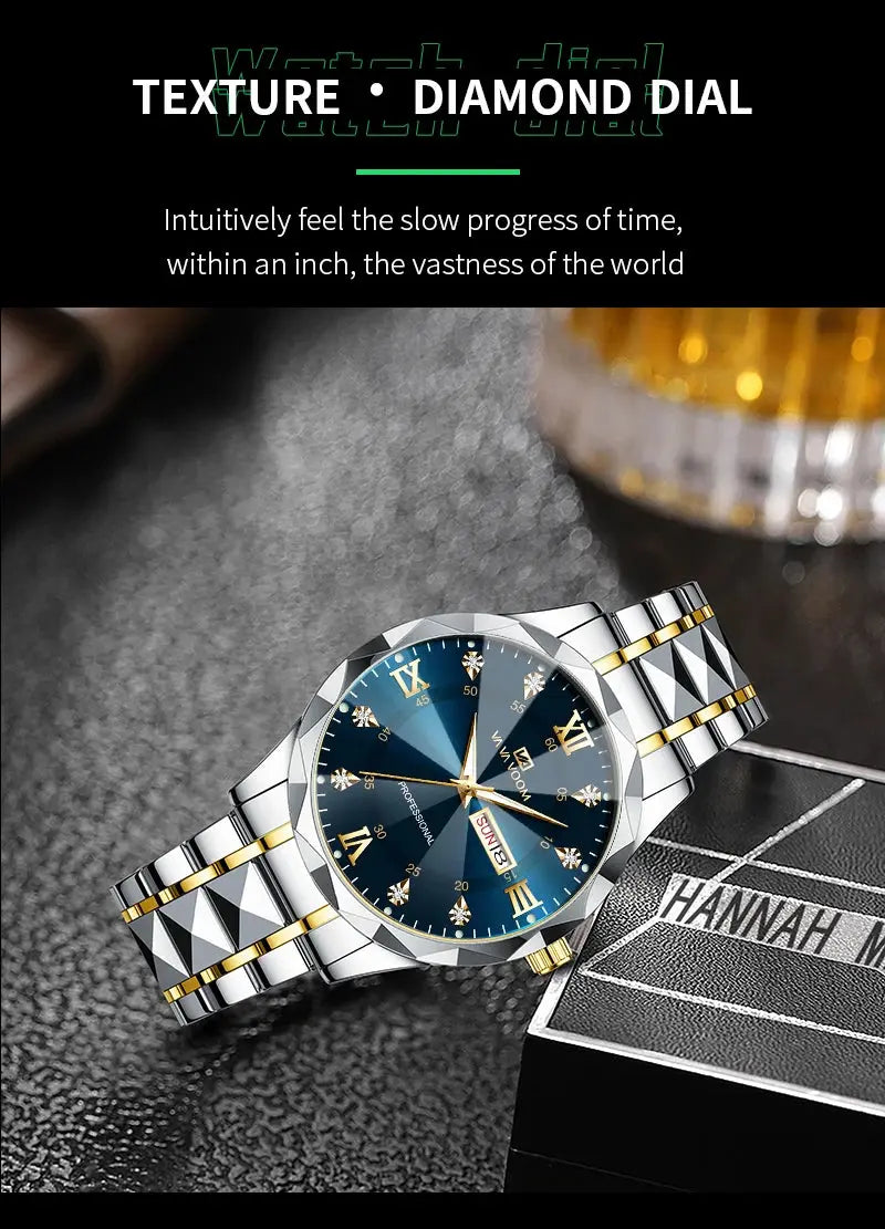 Men Watch Water Diamond Luxury Night Glow Double Calendar Quartz Movement 41mm Blue Gold Stainless Steel Fashion Business Watch Gola Watches