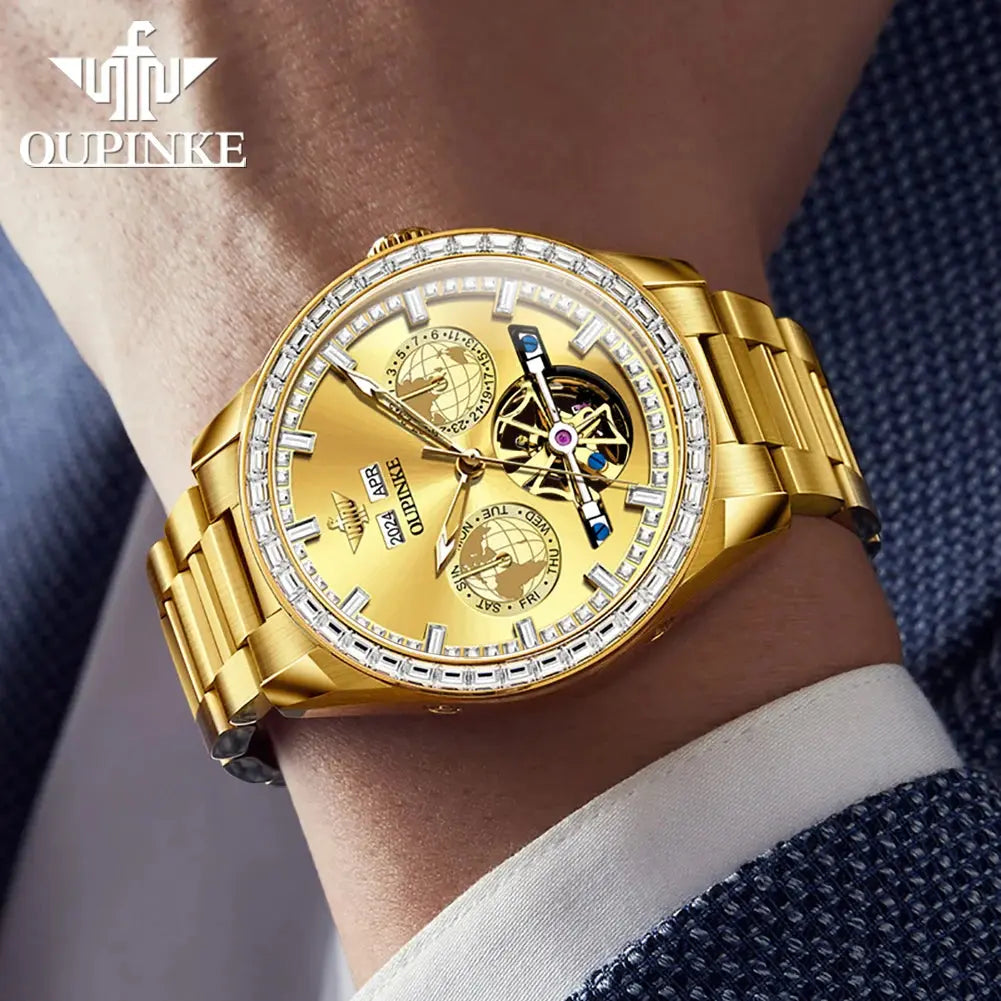 OUPINKE 3280 Men Watch Fashion Business Skeleton Diamond Gold Watch Brand Original Men All Automatic Mechanical Watch High Gift Gola Watches