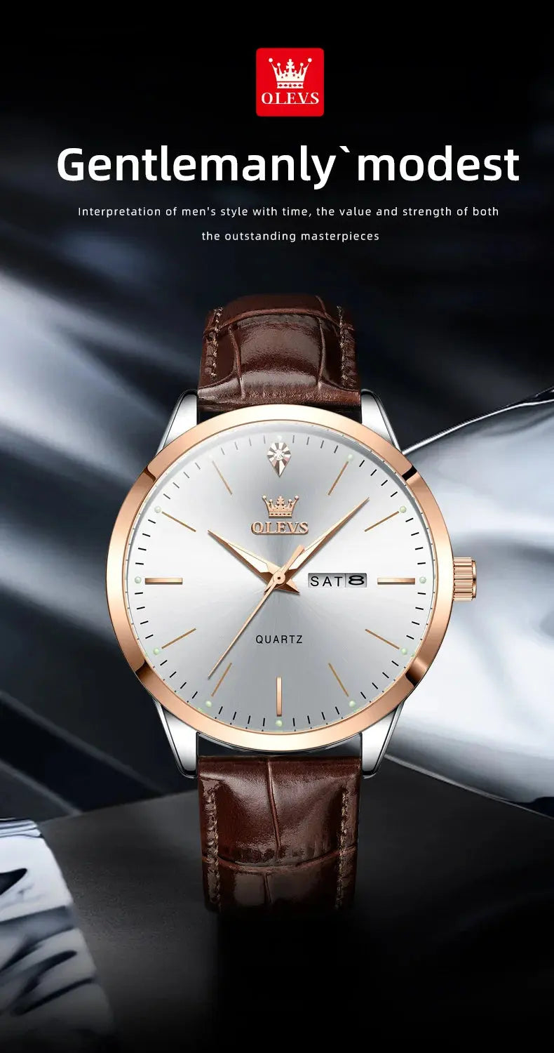 OLEVS Men's Watch Brand Business Waterproof Luminous Week Date Quartz Watch Fashion Leather Strap Classic Luxury Men's Watch Gola Watches