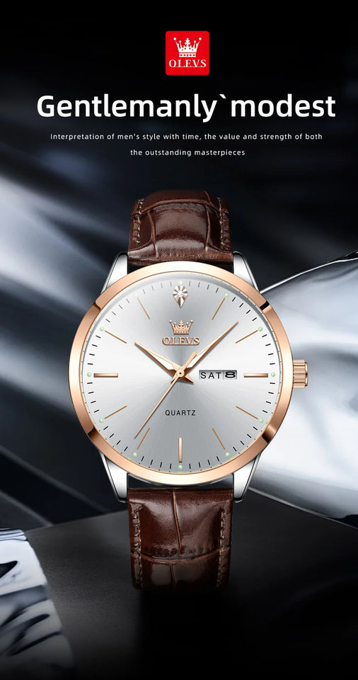 OLEVS Men's Watch Brand Business Waterproof Luminous Week Date Quartz Watch Fashion Leather Strap Classic Luxury Men's Watch