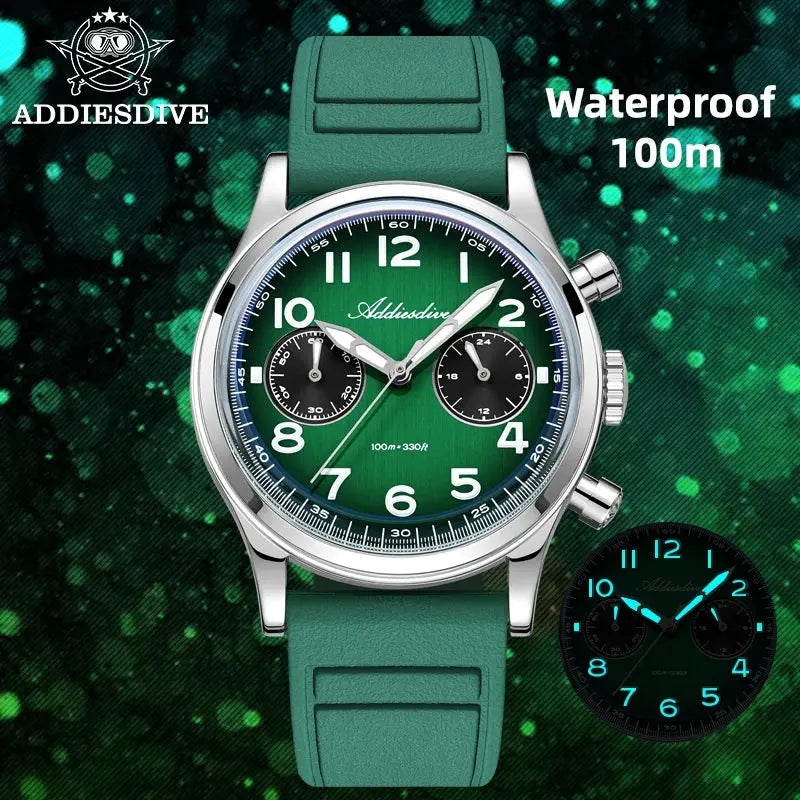 ADDIESDIVE New 2025 Chronograph 38mm Men's Watches VK64 Quartz Wristwatch Luminous Bubble Mirror 10Bar Waterproof Steel Watch Gola Watches