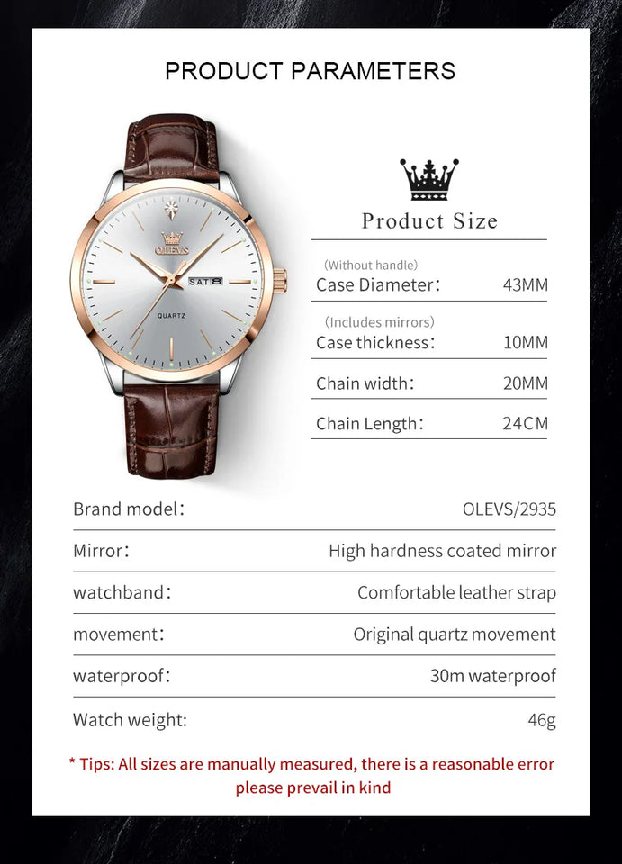 OLEVS Men's Watch Brand Business Waterproof Luminous Week Date Quartz Watch Fashion Leather Strap Classic Luxury Men's Watch