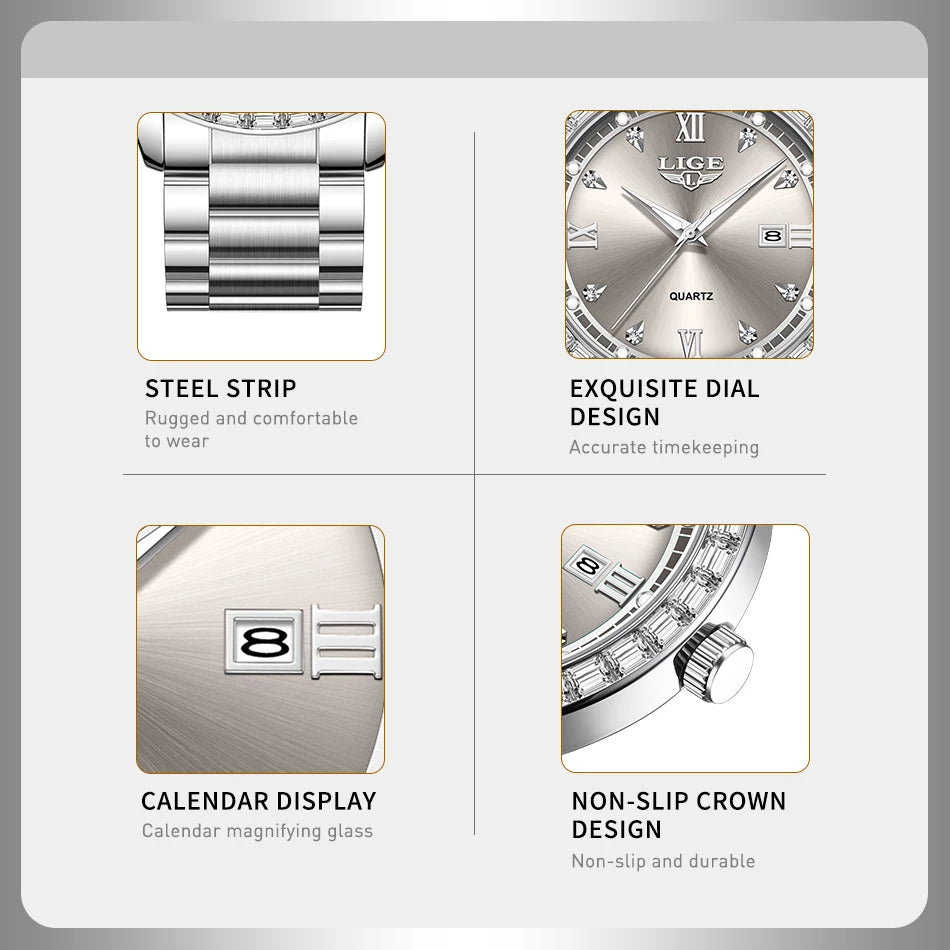 LIGE elegant women's watch Fashion waterproof clock luminous stainless steel business quartz watch for Women reloj de mujer+BOX